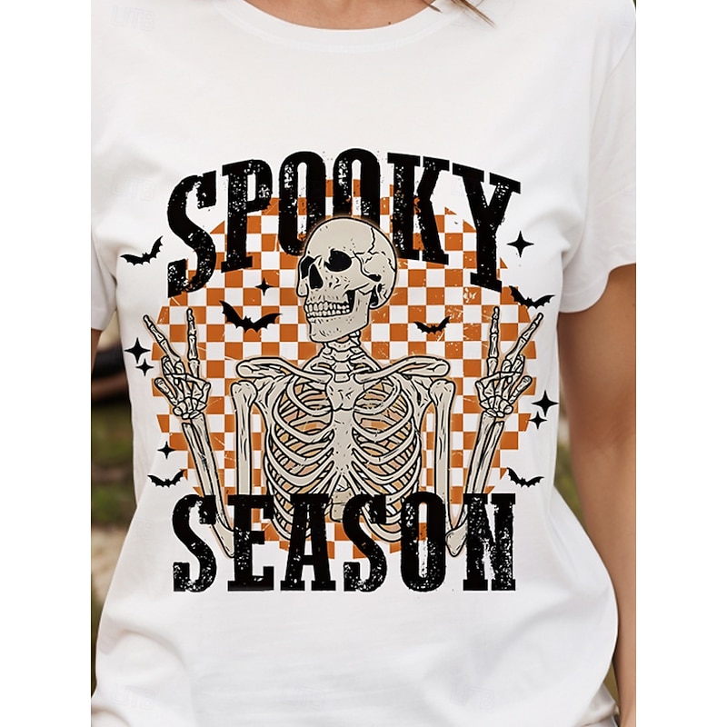 Halloween Women's T Shirt Skulls Graphic Cat Vintage Stylish Classic Short Sleeve Crew Neck Round Neck Regular Tops Daily Weekend Print White / Black Black White Yellow Pink Summer Fall3
