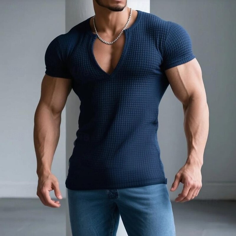 Men's Waffle T-shirt Tee Top Short Sleeve V Neck Open Front Summer All Seasons Solid Color Textured Fashion Designer Casual V Neck Outdoor Casual Daily Black White Navy Blue Top Tee for Men