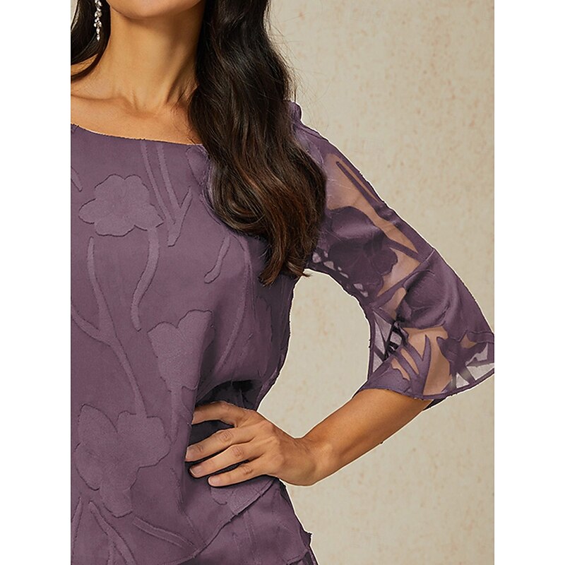 Women's Lace Shirt Blouse Dressy Tops Chiffon Tops Solid Color Floral Flower Elegant Stylish 3/4 Length Sleeve Bell Sleeve Boat Neck Regular Tops Wedding Guest Work Daily Asymmetric Hem Light Purple2