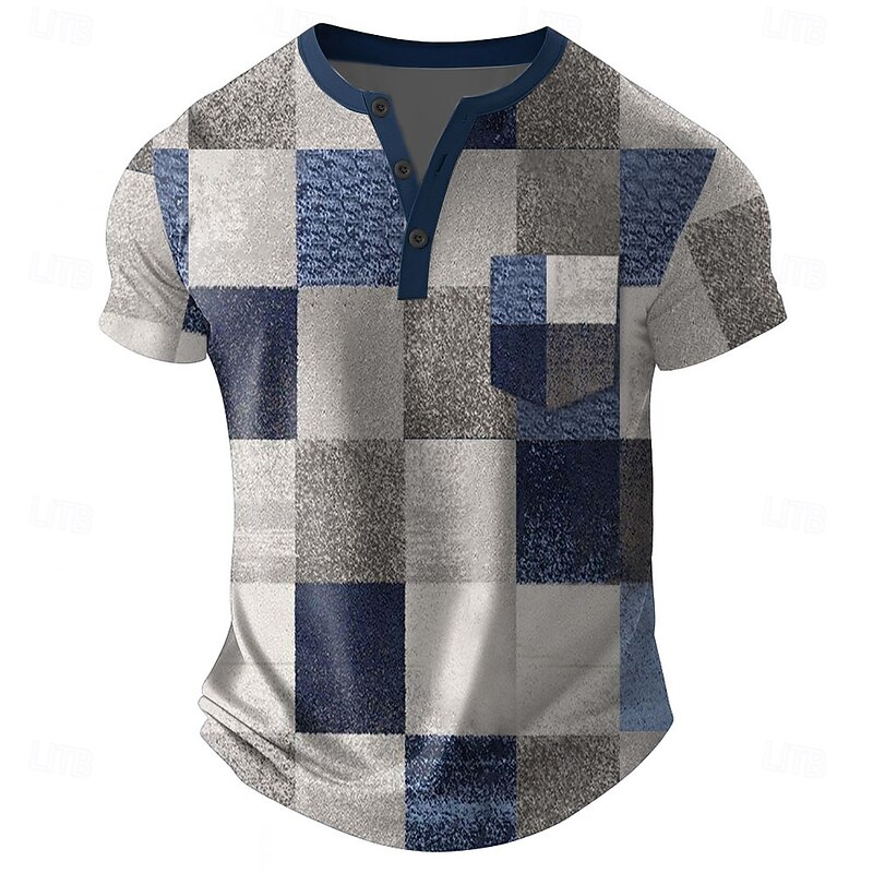 Men's Patchwork T Shirt Henley Shirt Short Sleeve T shirt 3D Print Henley Shirt Designer Retro Vintage Street Casual Daily Blue Brown Green Summer Spring All Seasons Clothing Apparel S M L XL 2XL 3XL