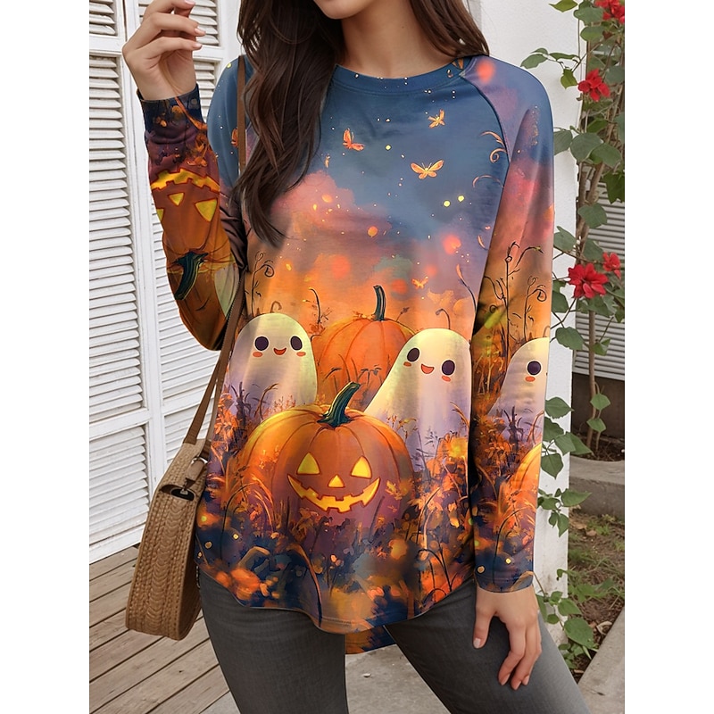 Halloween Women's T shirt Pumpkin Long Sleeve Graphic Geometric Vintage Stylish Classic Long Sleeve Crew Neck Regular Tops Daily Print Purple Orange Green Spring Fall Prefall