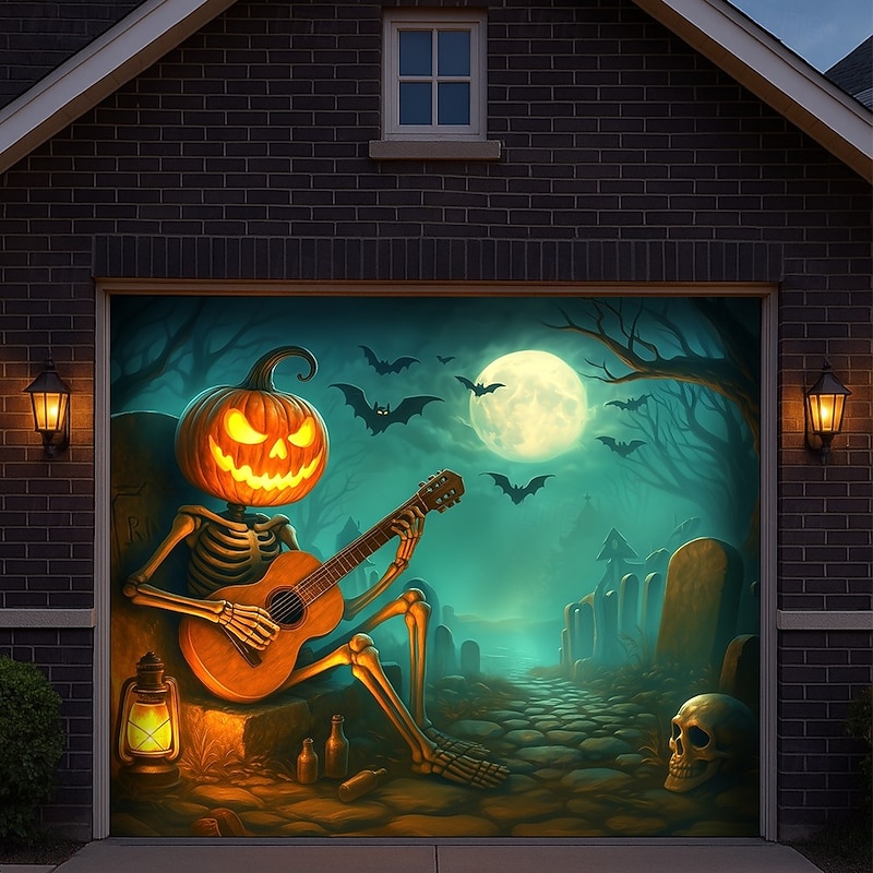 Halloween Garage Door Cover Pumpkin Head with Scythe Banner, Large Tapestry Backdrop Decoration for Holiday Outdoor Garage Door and Home Wall, 2025 Halloween Decorations