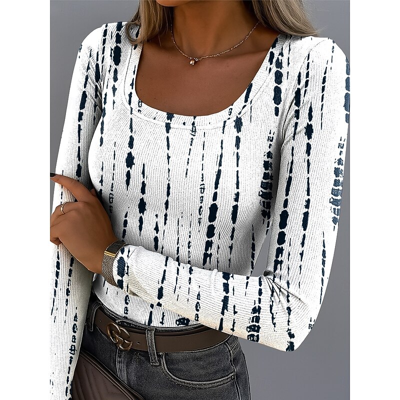 Women's T Shirt Ribbed Graphic Square Neck Long Sleeve Casual Geometric Classic Regular Tops Daily Print White Light Green Dark Green Orange Khaki Spring Fall2