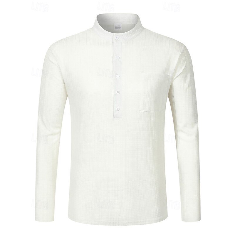 Men's Shirt Linen Shirt Popover Shirt Casual Shirt Cotton Shirt Plain Vacation Hawaiian Black White Navy Blue Sky Blue Long Sleeve Band Collar Spring Fall Clothing Apparel Pocket2