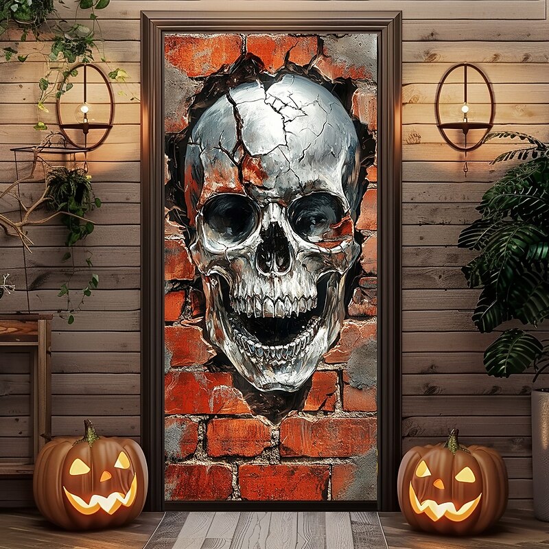 Helloween Door Covers Door Skeleton Pumpkin Tapestry Door Curtain Decoration Backdrop Door Banner for Front Door Farmhouse Holiday Party Indoor Outdoor Decor Supplies4