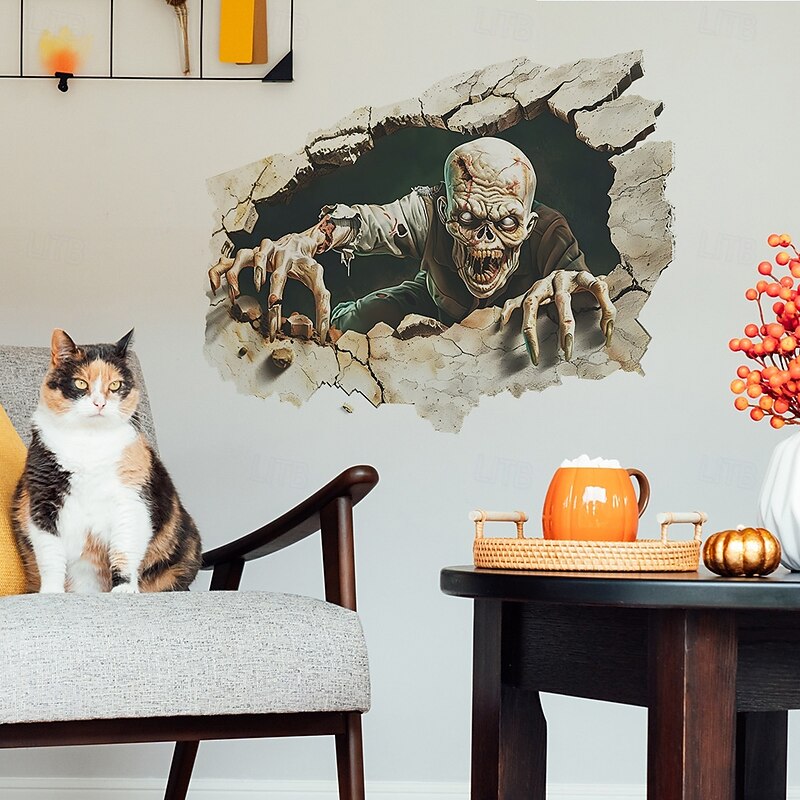 Halloween 3D Broken Wall Decal Sticker, Scary Zombie Peel and Stick Self-Adhesive Wall Sticker for Bedroom, Living Room, and Entryway, Horror Haunted House Home Decoration4