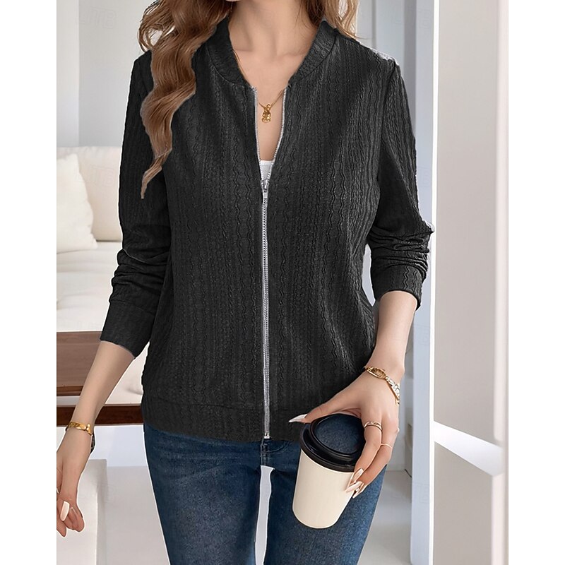 Women's Texture Sweatshirt Zip Up Sweatshirts Plain Streetwear Casual Comfy Long Sleeve V Neck Regular Tops Street Holiday Going out Zip Up Black Gray Fall4