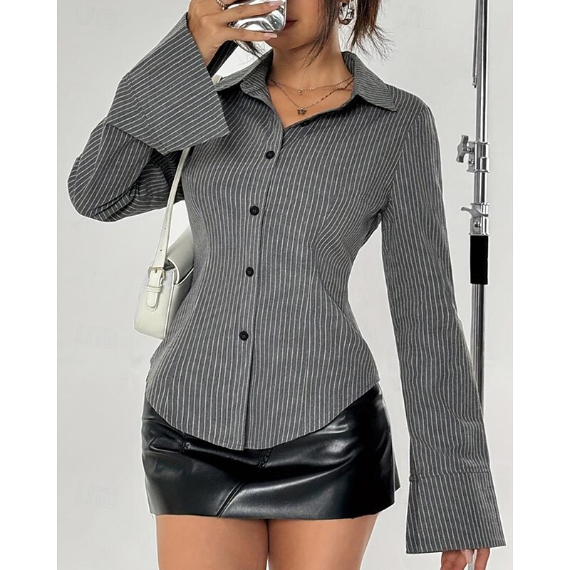 Women's Shirt Striped Daily Stylish Basic Long Sleeve Shirt Collar Regular Tops Work Daily Holiday Buttons Gray Spring Fall2