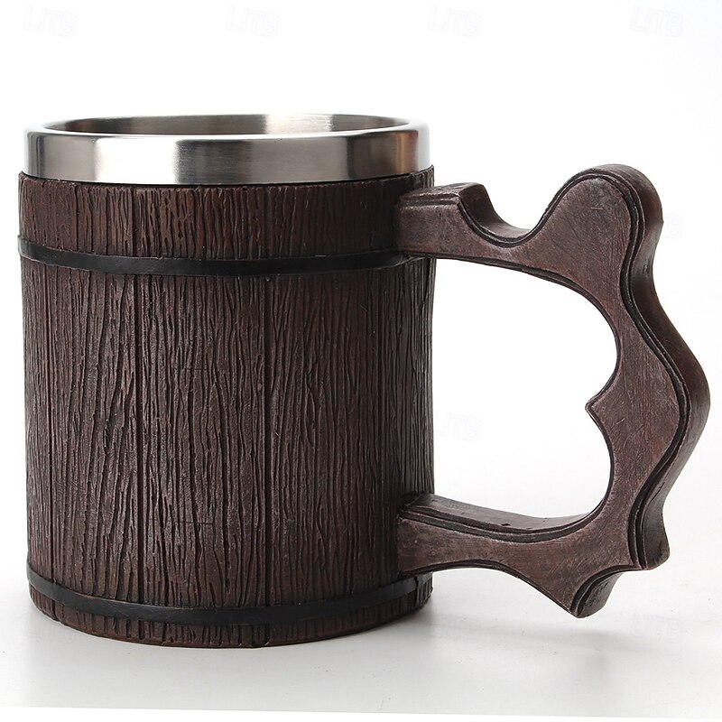 Wooden Beer Mug Beer Barrel Resin Cup with Stainless Steel Liner Vintage Style Drinking Mug for Beer Coffee Tea Rustic Home Kitchen Bar Drinkware Decor