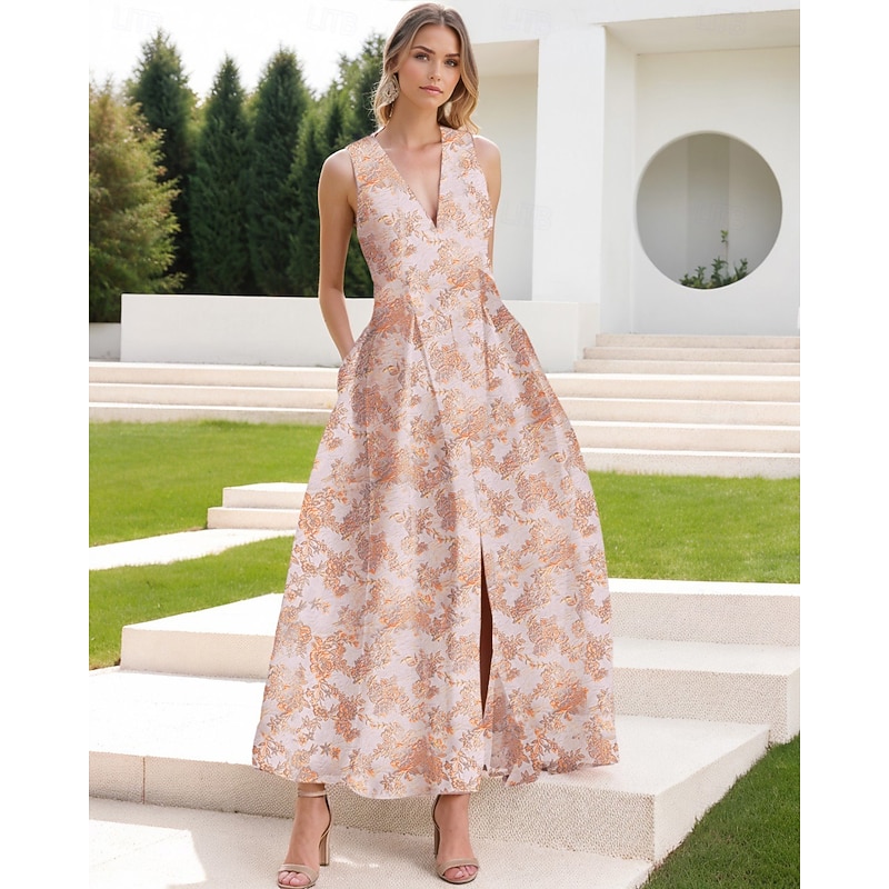 Floral Brocade Jacquard Cocktail Dresses Elegant Dress Formal Semi Forml Wedding Ankle Length Sleeveless V Neck with Slit