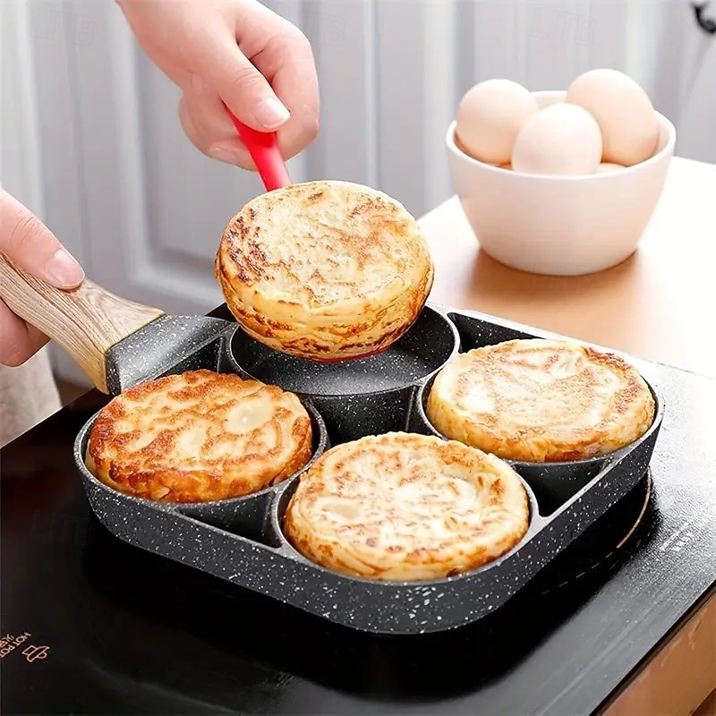 Non-stick Egg Frying Pan, 4 Holes Skillet With Handle, Multifunctional, Wooden Handle Medical Stone Omelet Non-stick Cookware frying pan2