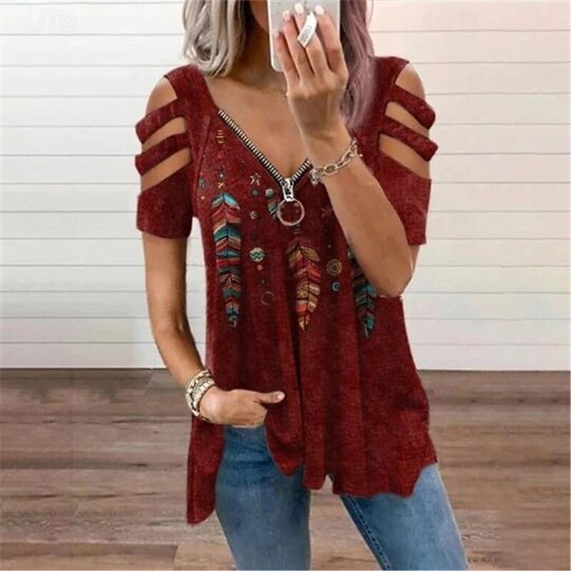 Women's T Shirt Plants Fashion Modern Short Sleeve V Neck Regular Tops Daily Zipper Red Purple Green Summer2