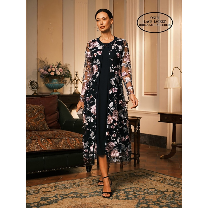 Women's Coat Breathable Lace Embroidered Elegant Floral Formal Wedding Party Long Crewneck Loose Fit Long Sleeve Outerwear Gray Pink Black Burgundy Summer Spring4