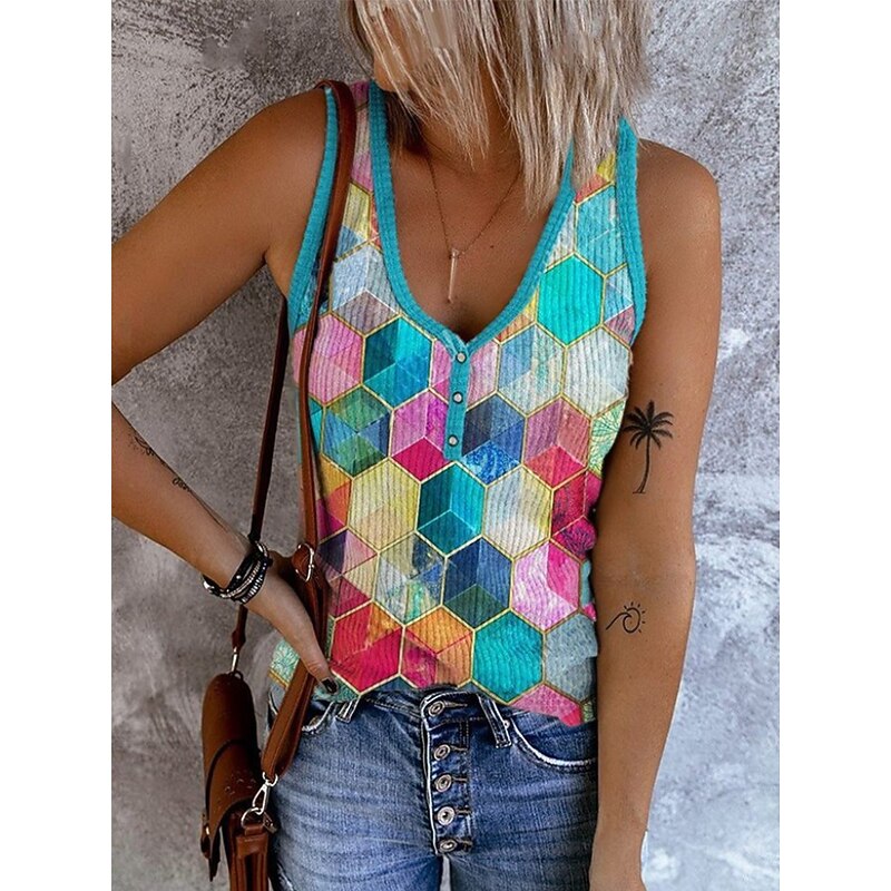Women's Camisole Tank Top Graphic Geometric Bohemia Vintage Tropical Sleeveless V Neck Regular Tops Daily Print Light Green Red Blue Khaki Rainbow Summer Spring3