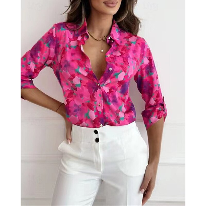Women's Shirt Floral Daily Stylish Basic Long Sleeve Shirt Collar Regular Tops Work Daily Holiday Buttons Print Pink Blue Rose Pink Spring Fall4