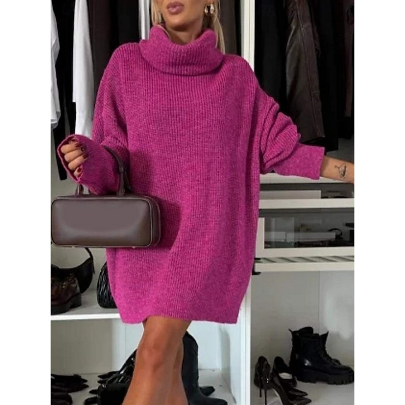 Women's Sweater Dress Daily Stylish Basic Pure Color Ribbed Turtleneck Knitted Long Sleeve Regular Tops Knit Outdoor Daily Black White Fall Winter4