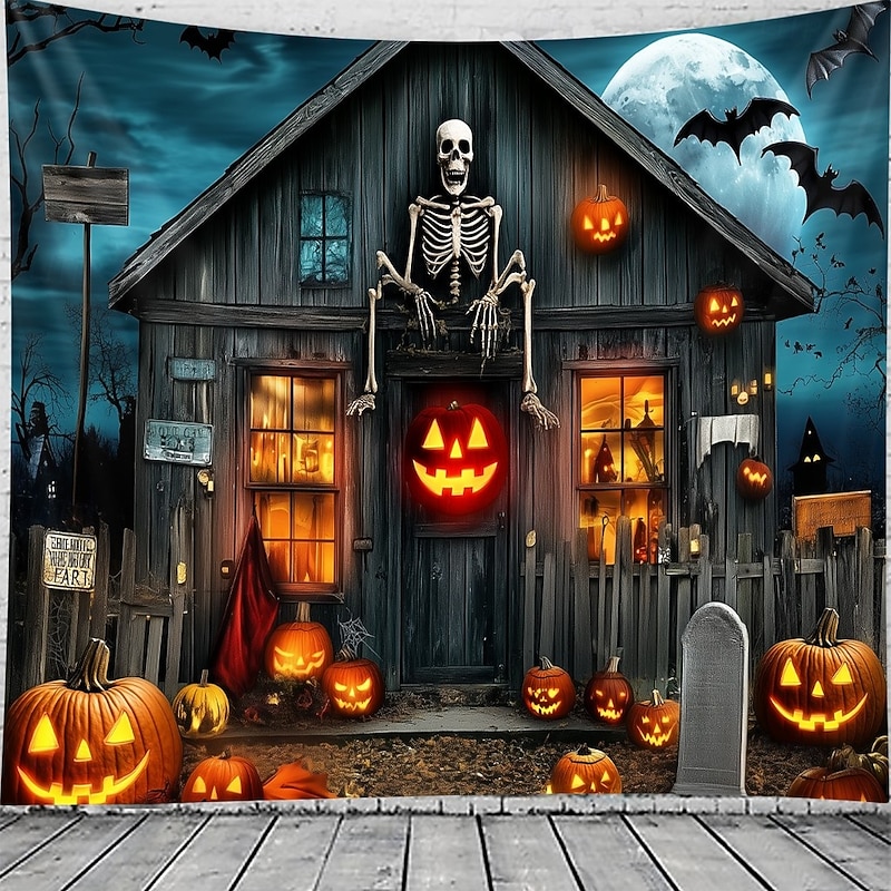 Halloween Haunted House Wall Tapestry – Skeleton and Glowing Jack-o'-Lantern Porch Scene, Spooky Night Sky, Gothic Backdrop for 2025 Halloween Living Room, Bedroom, Party Decoration