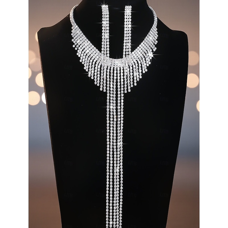 Women's Sparkling Rhinestone Jewelry Set - Silver Choker Necklace and Long Tassel Earrings, Glamorous Statement Accessories for Evening Dance and Cocktail Parties3
