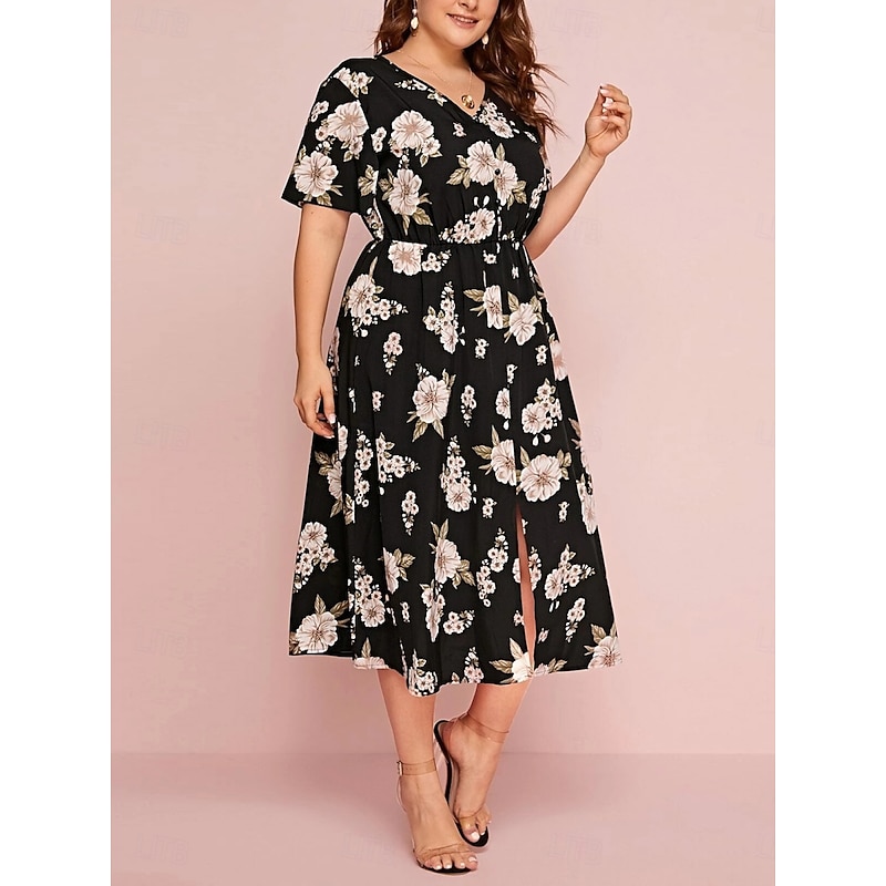 Women's Plus Size Casual Dress Floral V Neck Short Sleeve Summer Spring Elegant Fashion Modern Casual Midi Dress Daily Holiday Dress