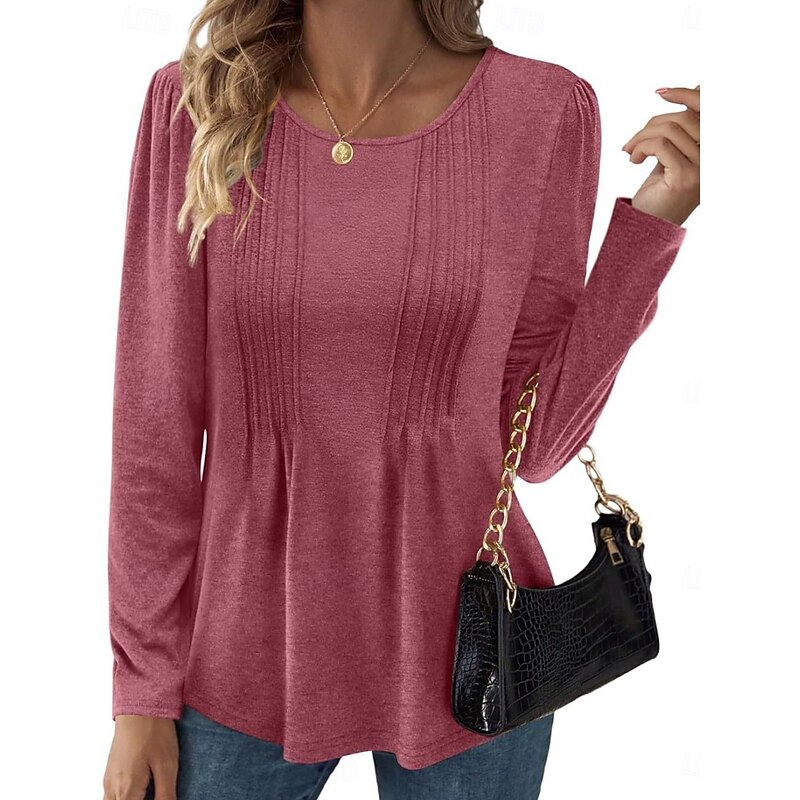 Women's Blouse Solid Color Stylish Casual Long Sleeve Crew Neck Regular Tops Daily Ruched Black Red Purple Brown Beige Summer Spring Fall2