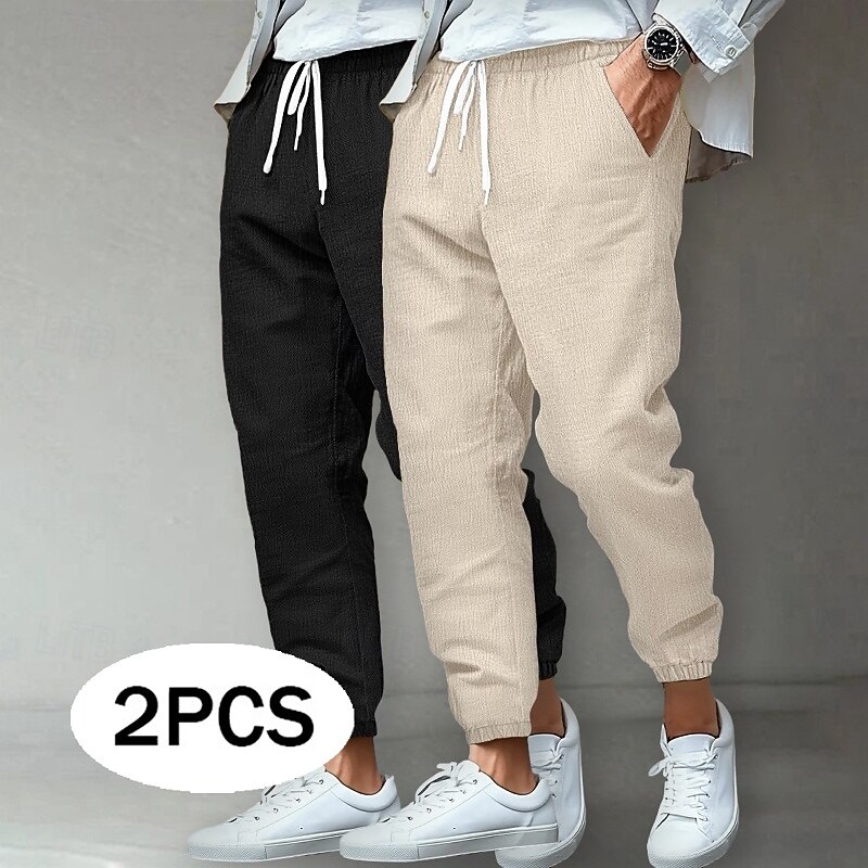 Men's Linen Pants Trousers Summer Pants Beach Pants Casual Pants Pocket Elastic Waist Solid Color Comfort Breathable Full Length Outdoor Home Daily Vacation Classic Style Light Khaki+Black Light
