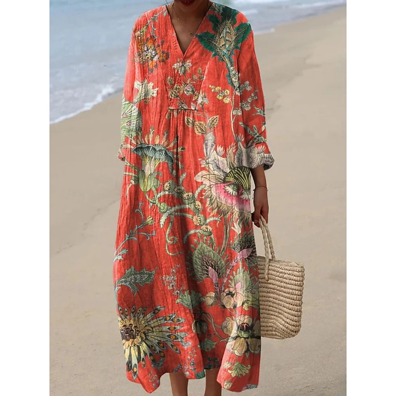 Women's Midi Dress V Neck Long Sleeve Kaftan Lightweight Loose Fit A Line Dress Casual Boho Party Going out Floral Graphic Geometric Long Sleeve V Neck Red Blue Rainbow Fall