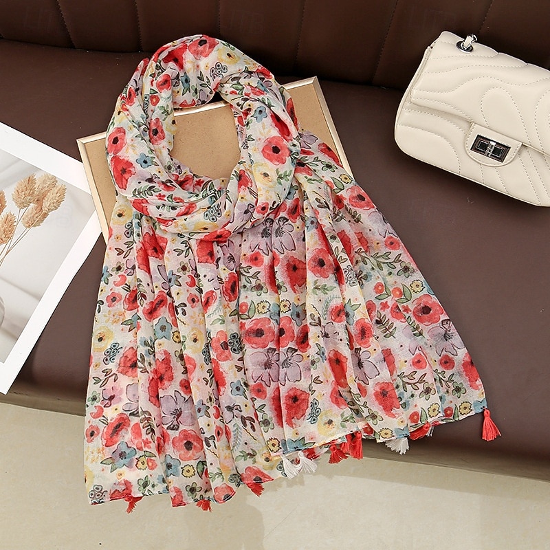 Women's Rectangle Scarf Street Daily Date Black Blue Scarf Print Flower