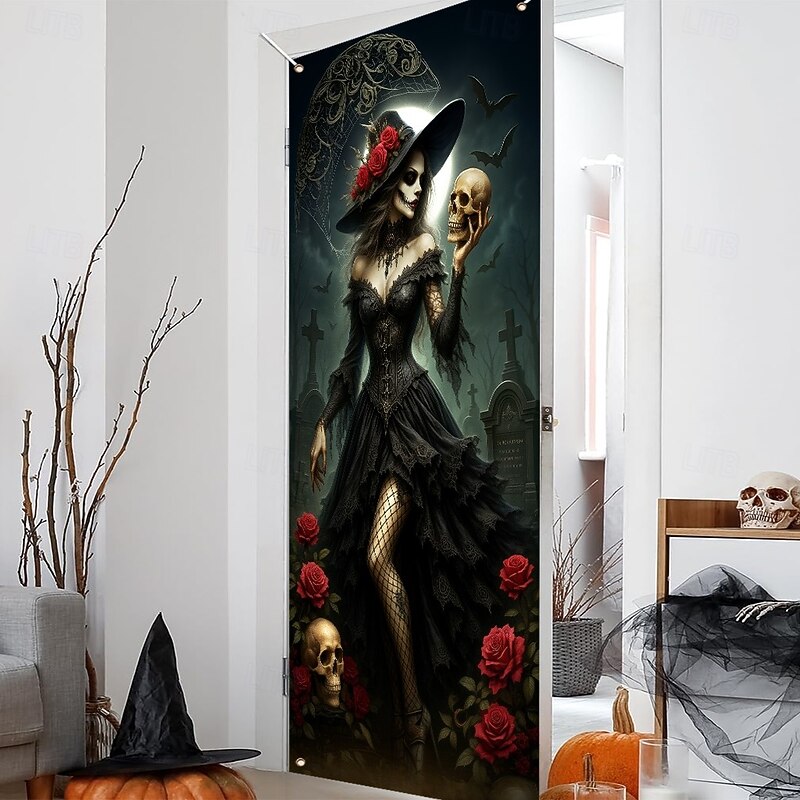 Halloween Door Cover – Witch with Red Roses, Haunted House Entrance Banner, Scary Outdoor & Indoor Decoration for 2025 Halloween Bedroom, Living Room, Bathroom4