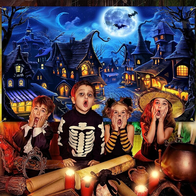 Halloween Town Wall Tapestry – Spooky Night Village with Moon, Bats and Haunted Houses, Blue Gothic Wall Hanging for 2025 Halloween Party, Bedroom, Living Room Decoration4