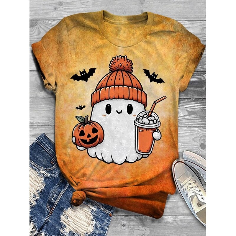 Halloween Women's T shirt Ghost Graphic Vintage Stylish Classic Short Sleeve Crew Neck Round Neck Regular Tops Daily Weekend Print Yellow Pink Dusty Rose Orange off-white Summer Spring Fall2