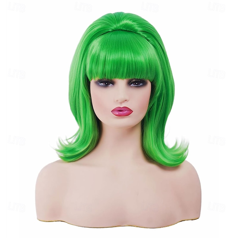 Short Wavy Green Wig with Bang Big Bouffant Beehive Wigs for Women fits 80s Costume or Halloween Party - Main Image
