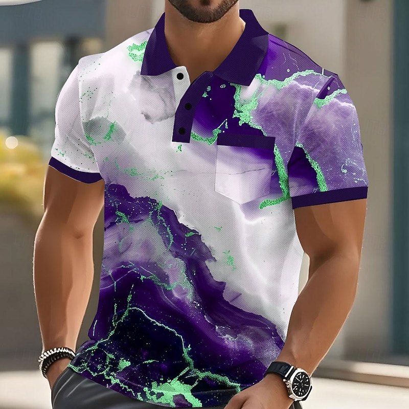 Men's Geometic Marble Polo Short Sleeve Polo Shirts Collared Shirts Business Casual Outdoor Athleisure Daily Wear 3D Print Buttons Summer Red Blue Purple4