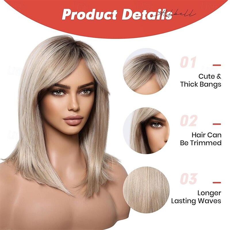 Blonde Wig Short Ombre Bob Wig With Curtain Bangs 14 inch Straight Bob Bangs Wig for Women Natural Looking Heat Resistant Synthetic Wigsfor Daily Use4