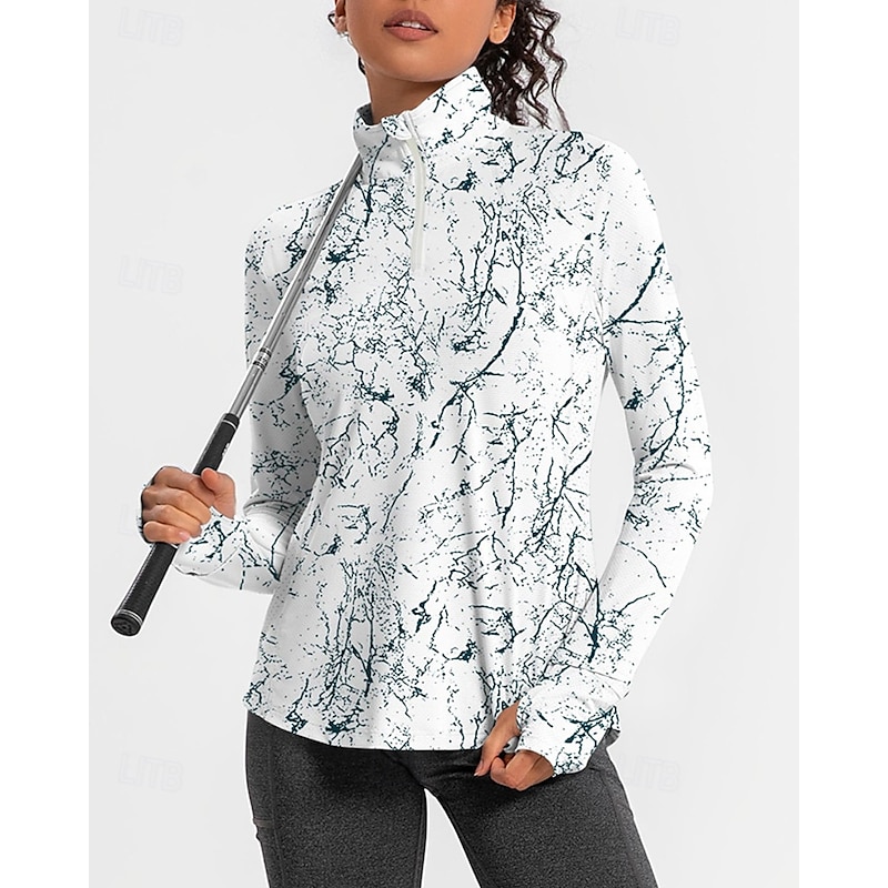 Women's Abstract Art Golf Polo Shirt Tennis Shirt Long Sleeve Print Quarter Zip Pullover UV Protection Elastic Breathable Tennis Golf Pickleball Zip Collar Shirt Polo White Purple Tennis Clothing2