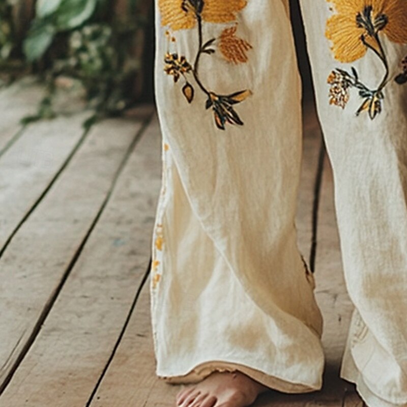 Women's Wide Leg Pants Trousers Palazzo Pants Fashion Boho Full Length High Waist Flower Elastic Waist Drawstring Print Breathability Comfortable Street Daily Wear Going out Yellow Spring Fall3