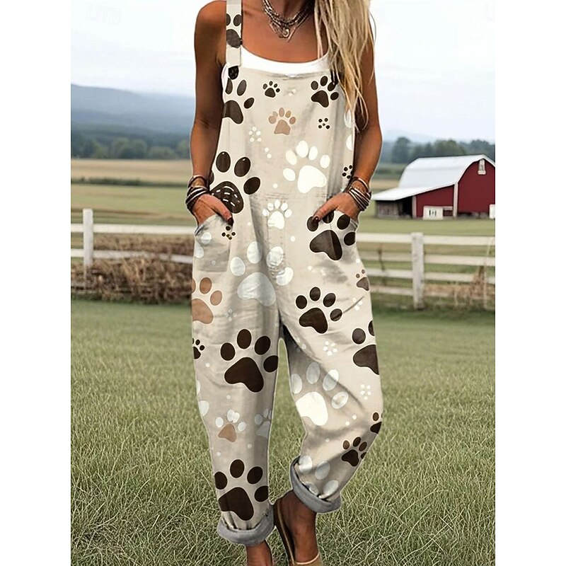 Women's Dungarees Active Graphic Sleeveless Vacation Street Loose Fit White Light Brown Khaki Summer