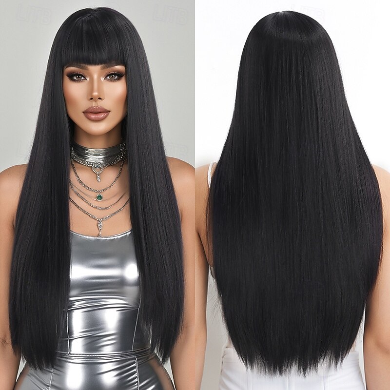 Black Long Straight Wig for Women – Realistic Scalp, Full Head Cap, Lolita & JK Style, Perfect for Halloween Cosplay, Manga Characters, and Everyday Wear