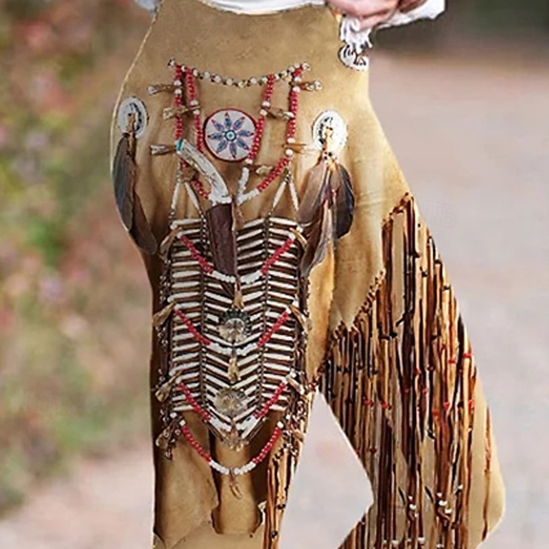 Women's Pants Trousers Leggings Cozy Leggings Streetwear Boho Full Length High Waist Graphic Prints Elastic Waist Print Breathability Comfortable Stretchy Vacation Street Daily Wear Brown Khaki3