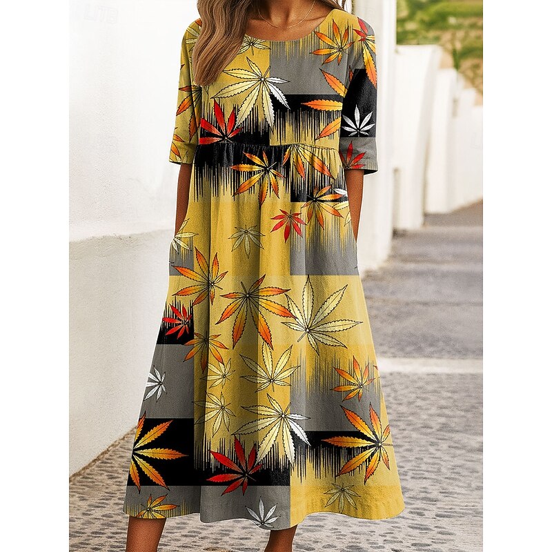 Women's Midi Dress Casual Dress A Line Dress Summer Dress Vacation Casual Holiday Regular Fit Floral Graphic Geometric Half Sleeve Crew Neck Black Yellow Blue Purple Summer Spring3