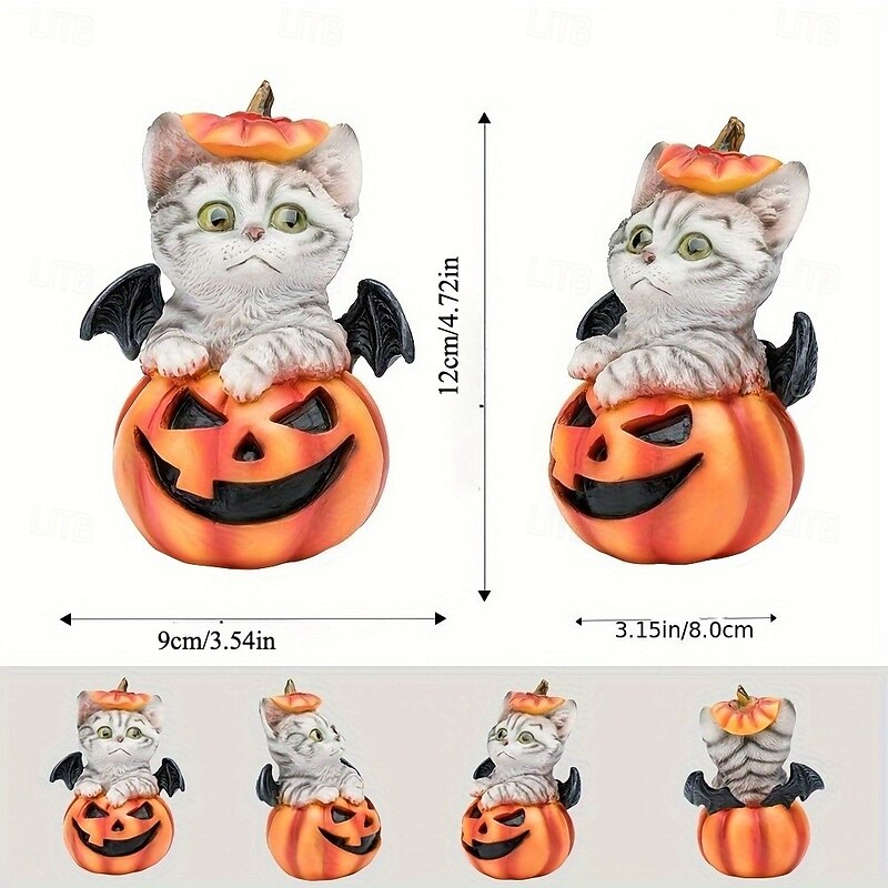 Halloween Pumpkin Bat Cat Resin Statue, Spooky Black Cat Figurine for Halloween Table Decor, Cute Gothic Halloween Sculpture for Home or Party Decoration3
