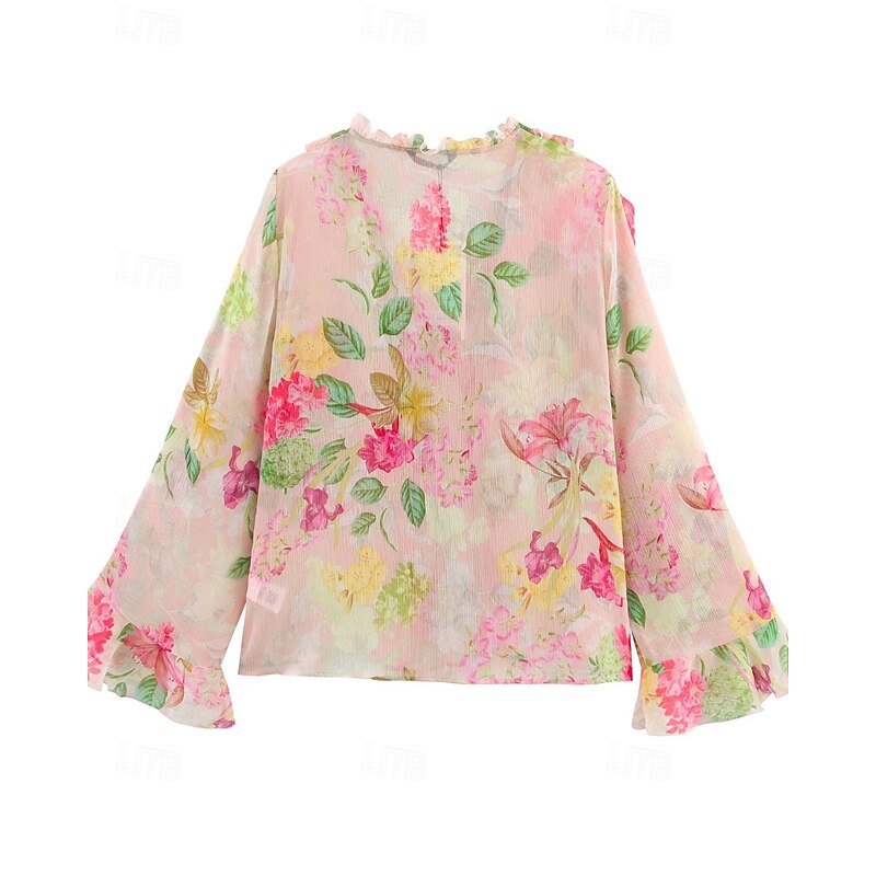 Women's Shirt Blouse Flower Stylish Modern Long Sleeve V Neck Regular Tops Holiday Going out Print Pink Fall2