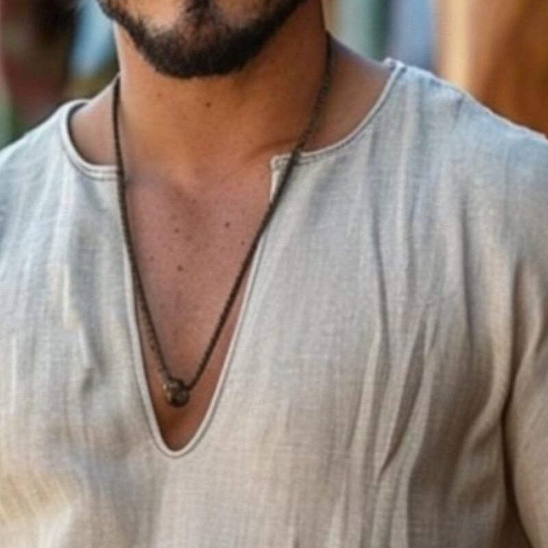 Men's Tee Top Long Sleeve Shirt Long Sleeve V Neck Summer Spring Solid Color Plain Daily Bohemian Casual Oversized Loose Outdoor Street Causal Beige Top Tee for Men2