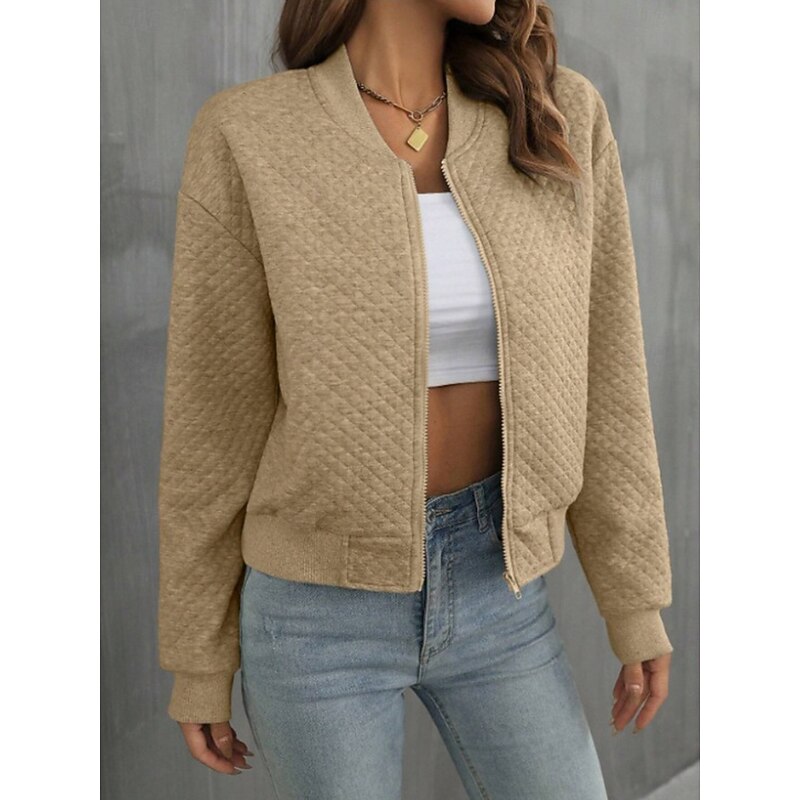 Women's Casual Jacket Comfortable Breathable Full Zip Outdoor Casual Plain Casual Daily Wear Regular Notch Lapel Regular Fit Long Sleeve Outerwear Black White Khaki Fall Winter3