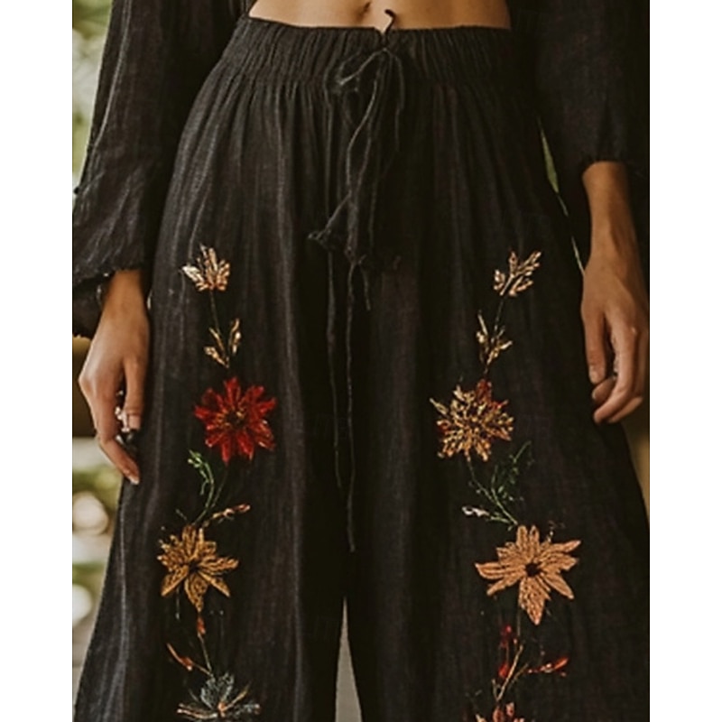 Women's Wide Leg Pants Trousers Palazzo Pants Casual Boho Full Length High Waist Flower Elastic Waist Drawstring Print Breathability Comfortable Street Daily Wear Going out Black Spring Fall Regular2