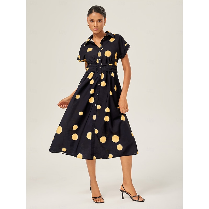 Retro Black Yellow Polka Dot Cinched Dress4