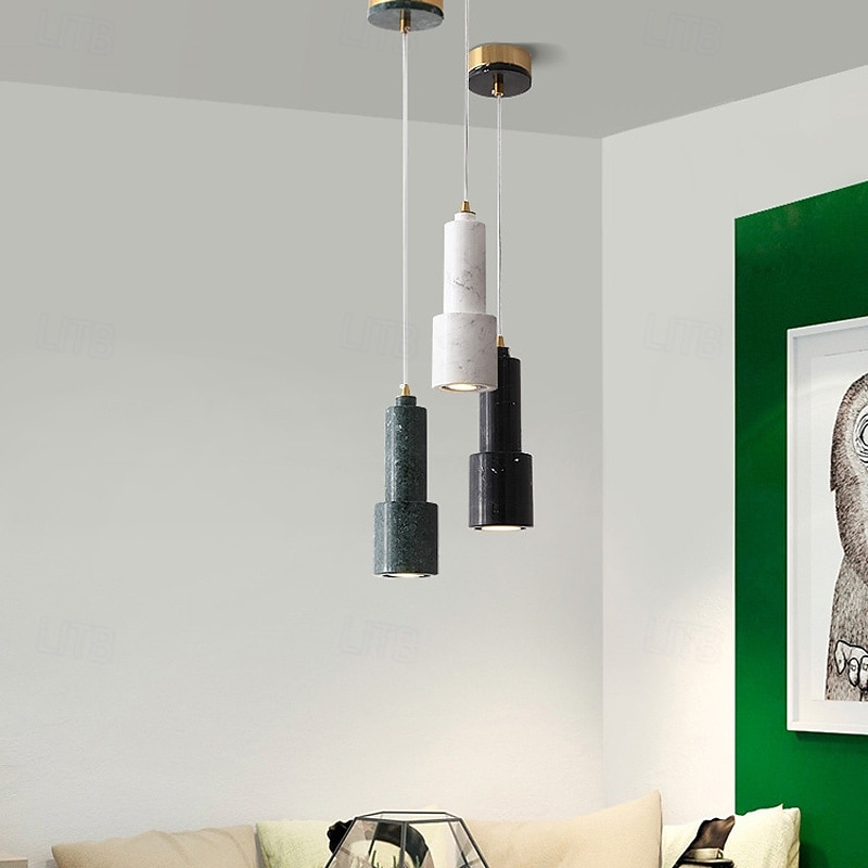 Natural Stone Cylinder Pendant Light,, 26cm Height, Warm White/White Light, GU10, Kitchen Island Sink Black Green White Dimmable, for Dining Room Bedroom Bar Cafe Restaurant