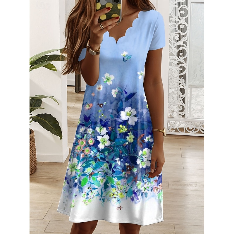 Women's Mini Dress T Shirt Dress Tee Dress A Line Dress Summer Dress Elegant Vacation Casual Regular Fit Floral Graphic Short Sleeve V Neck Pink Blue Purple Green Summer Spring4