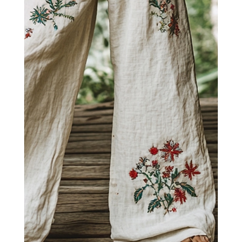 Women's Wide Leg Pants Trousers Palazzo Pants Casual Boho Full Length High Waist Flower Elastic Waist Drawstring Print Breathability Comfortable Street Daily Wear Going out White Spring Fall Regular3