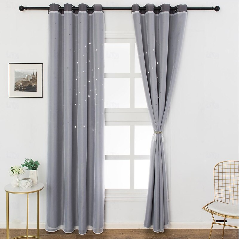 Curtain Drapes High-Precision Solid Color Double-Layer Star Cutout Blackout Curtains - Sunscreen & Thermal Insulation Drapes for Bedroom & Living Room2