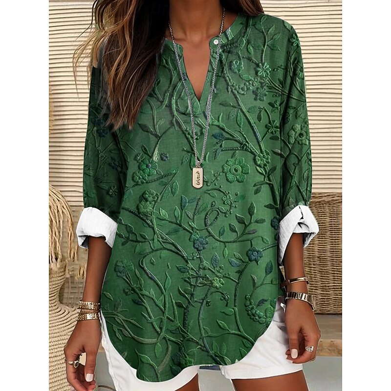 Women's Blouse Tunic V Neck Long Sleeve Boho Casual Tops Floral Graphic Elegant Stylish Regular Tops Daily Print Red Blue Purple Green Gray Fall2